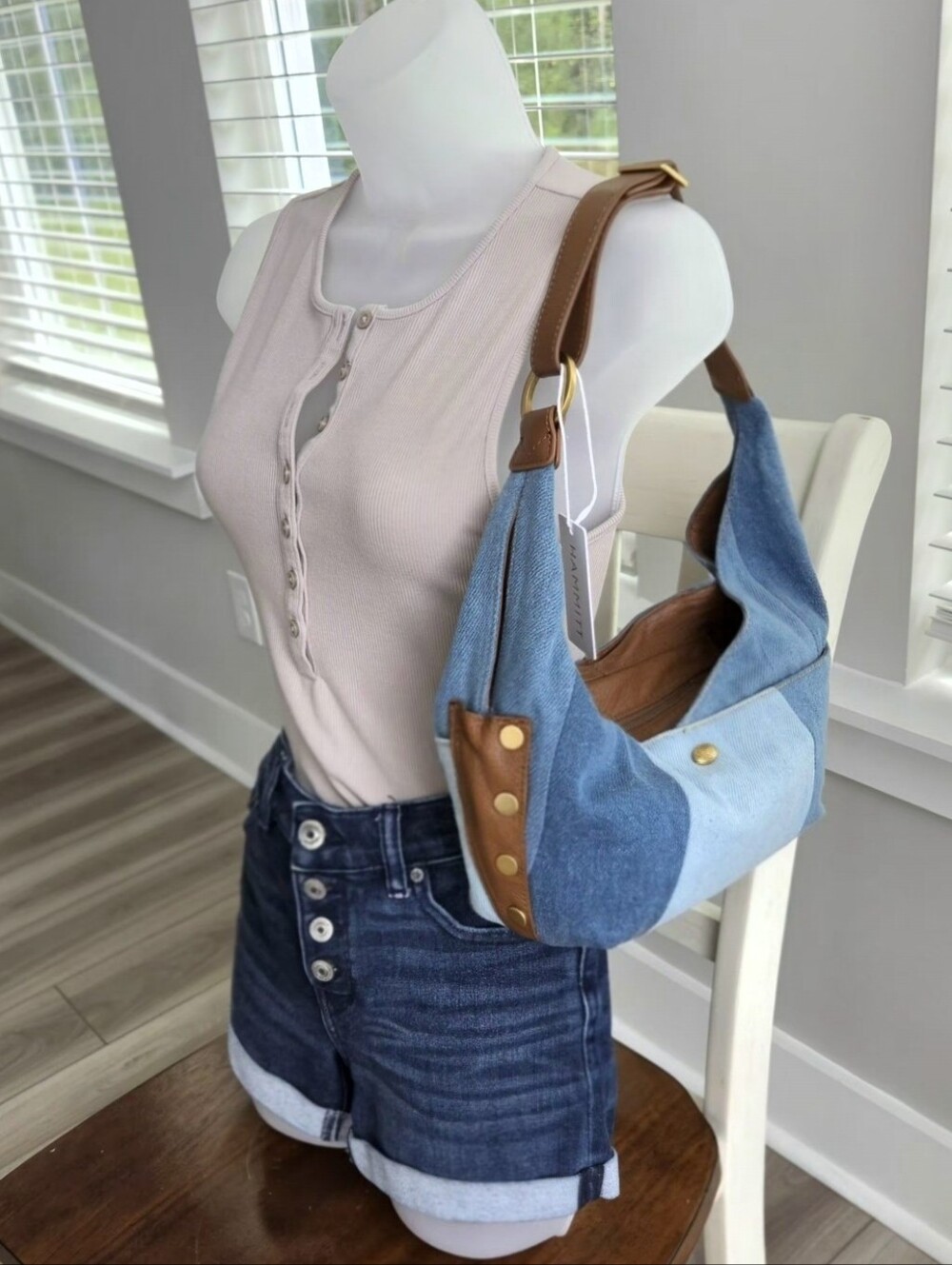NWT Hammitt Tom Medium Zip Silverlake AG Shoulder Hobo Bag Denim brown